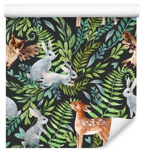 Papier Peint ANIMAUX Feuilles Nature Noir - Marron - Gris - Vert - Papier - Textile - 53 x 1000 x 1000 cm