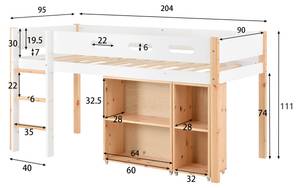 Hochbett Lio Weiß - Holzwerkstoff - Massivholz - 95 x 111 x 204 cm