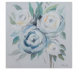 Tableau peint à la main Fragrant Roses Bleu - Blanc - Bois massif - Textile - 60 x 60 x 4 cm