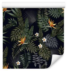 Papier Peint FEUILLES Tropicales Fleurs Noir - Vert - Orange - Blanc - Papier - Textile - 53 x 1000 x 1000 cm