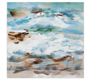 Tableau peint Sur la Côte d'Azur Beige - Bleu - Bois massif - Textile - 60 x 60 x 4 cm