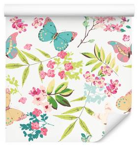 Papier Peint PAPILLONS Fleurs Feuilles Beige - Bleu - Vert - Blanc - Papier - Textile - 53 x 1000 x 1000 cm