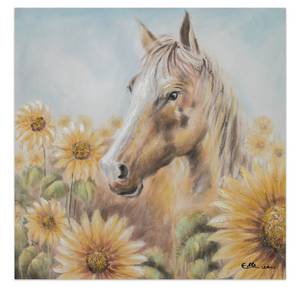 Tableau peint à la main Blooming Freedom Marron - Jaune - Bois massif - Textile - 80 x 80 x 4 cm