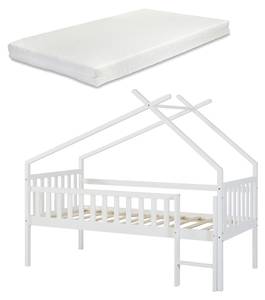 Lit cabane Sotkamo avec matelas Blanc - Bois massif - Bois/Imitation - 97 x 170 x 206 cm