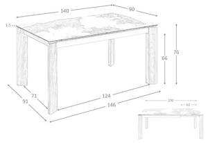 Table à manger à rallonge rectangulaire Blanc - Porcelaine - Pierre - 140 x 76 x 90 cm