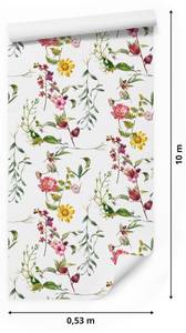 Papier Peint FLEURS Feuilles Plantes Vert - Rouge - Blanc - Papier - Textile - 53 x 1000 x 1000 cm