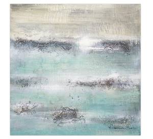 Tableau peint à la main Bruit des vagues Beige - Bleu - Bois massif - Textile - 80 x 80 x 4 cm