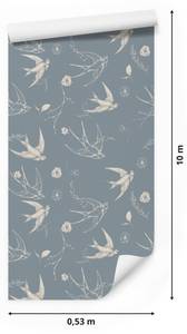 Tapete VÖGEL Schwalben Blumen Blätter Beige - Blau - Grau - Papier - Textil - 53 x 1000 x 1000 cm