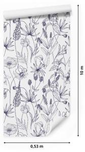 Papier Peint Herbes FLEURS Nature Rétro Bleu - Gris - Mauve - Blanc - Papier - Textile - 53 x 1000 x 1000 cm