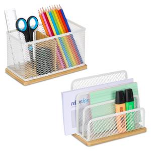 2-teiliges Schreibtisch Organizer Set Braun - Weiß - Bambus - Metall - 18 x 15 x 10 cm