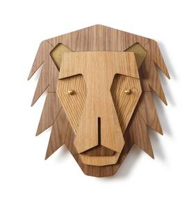 Masque decoratif mural Mini Lion Marron - Bois manufacturé - Verre - Matière plastique - En partie en bois massif - 22 x 24 x 1 cm