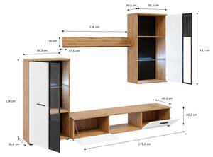 SARAI Wohnwand 240 Weiß-Artisan ohne LED Hellbraun - Plankeneiche Dekor - Weiß