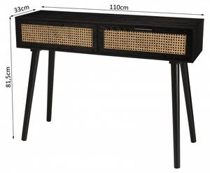 Console 2 tiroirs cannage noir Noir - En partie en bois massif - 33 x 81 x 110 cm