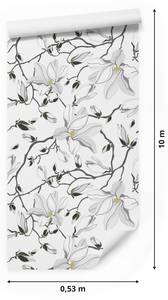 Papier Peint Brindilles FLEURS Magnolia Beige - Noir - Gris - Blanc - Papier - Textile - 53 x 1000 x 1000 cm