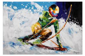 Tableau peint à la main Ride in the Snow Bleu - Blanc - Bois massif - Textile - 90 x 60 x 4 cm