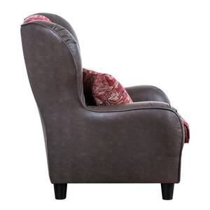 Fauteuil Perrine bruin kunstleer/rode geweven stof