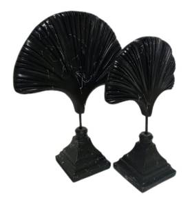 Skulptur Blatt 2er Set Oval Schwarz Marm Schwarz - Kunststoff - Stein - 10 x 34 x 10 cm