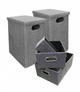 Boîte de rangement en tissu gris rigide et pliable avec couvercle