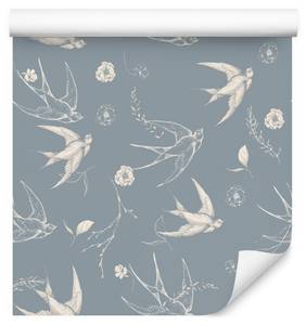 Tapete VÖGEL Schwalben Blumen Blätter Beige - Blau - Grau - Papier - Textil - 53 x 1000 x 1000 cm