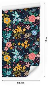 Papier Peint FLEURS Plantes Colorées Bleu - Gris - Vert - Orange - Papier - Textile - 53 x 1000 x 1000 cm