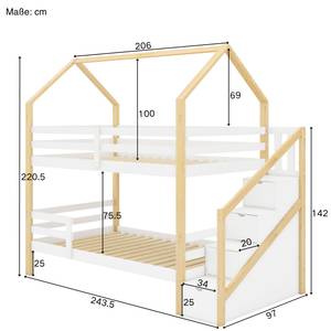 Etagenbett Johanna Weiß - Holzwerkstoff - Massivholz - 97 x 220 x 243 cm