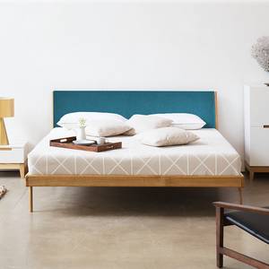 Massief houten bed Fleek I massief eikenhout - Eik - Stof Muya: Petrolblauw - 160 x 200cm