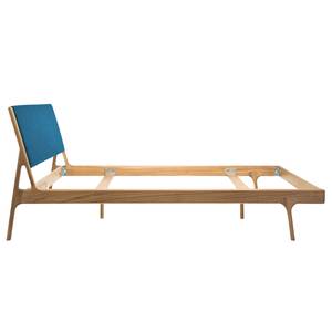 Massief houten bed Fleek I massief eikenhout - Eik - Stof Muya: Petrolblauw - 160 x 200cm