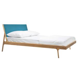 Massief houten bed Fleek I massief eikenhout - Eik - Stof Gaia: Petrolblauw - 160 x 200cm