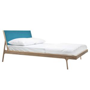 Massief houten bed Fleek I massief eikenhout - Lichte eikenhouten - Stof Gaia: Petrolblauw - 160 x 200cm