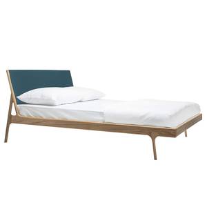 Massief houten bed Fleek I massief eikenhout - Lichte eikenhouten - Leer Tupi: Petrolblauw - 160 x 200cm
