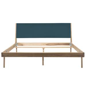 Massief houten bed Fleek I massief eikenhout - Lichte eikenhouten - Leer Tupi: Petrolblauw - 160 x 200cm