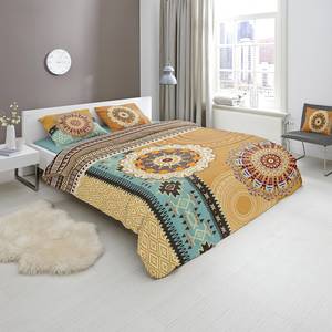 Parure de lit Akinya Satin - Ocre / Bleu layette - 135 x 200 cm + oreiller 80 x 80 cm