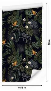 Papier Peint FEUILLES Tropicales Fleurs Noir - Vert - Orange - Blanc - Papier - Textile - 53 x 1000 x 1000 cm