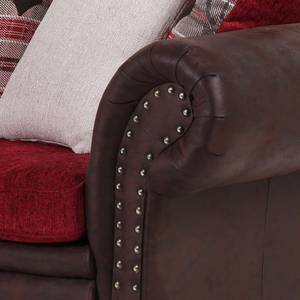 Grand canapé Laurence II Aspect vieux cuir marron foncé / Tissu rouge et beige