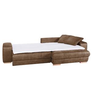 Boxspring-Ecksofa Ratho (mit Schlaffunktion) - Antiklederlook Nougat - Longchair davorstehend rechts