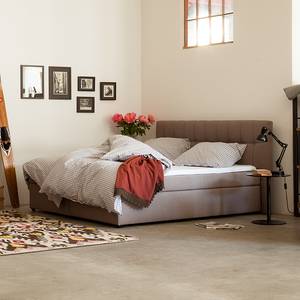 Lit Boxspring Jean Avec surmatelas - Tissu structuré - Taupe - 160 x 200cm - Matelas à ressorts bombés ensachés - D3 medium