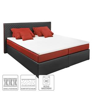 Lit boxspring Oakham (avec surmatelas) Imitation cuir / Tissu - Noir / Rouge - 140 x 200cm