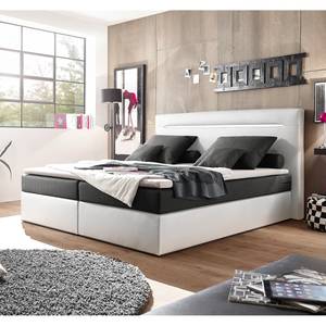 Lit boxspring Palang Avec éclairage et surmatelas - Imitation cuir / Tissu - Blanc / Noir