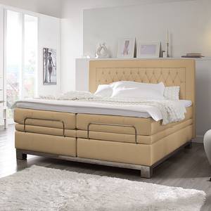 Lit boxspring Wolke7 I Cuir véritable - Marron clair - 200 x 200cm - D3 medium