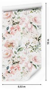 Papier Peint ROSES Feuilles Aquarelle Beige - Vert - Blanc - Papier - Textile - 53 x 1000 x 1000 cm