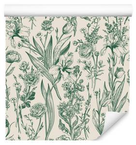 Papier Peint FLEURS DES CHAMPS Nature Beige - Vert - Papier - Textile - 53 x 1000 x 1000 cm