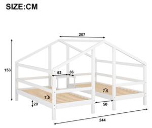 Hausbett mit 2 Liegeflächen Milan Weiß - Massivholz - 259 x 153 x 207 cm