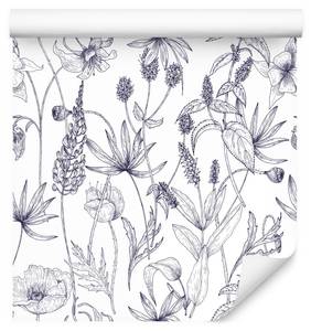 Tapete BLUMEN Kräuter Natur Retro Stil Blau - Grau - Violett - Weiß - Papier - Textil - 53 x 1000 x 1000 cm