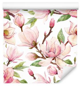 Papier Peint FLEURS Magnolias Nature Marron - Vert - Rose foncé - Blanc - Papier - Textile - 53 x 1000 x 1000 cm