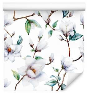 Papier Peint Brindilles FLEURS Magnolia Marron - Vert - Blanc - Papier - Textile - 53 x 1000 x 1000 cm