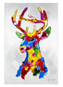 Tableau peint à la main Cerf multicolore Bois massif - Textile - 60 x 90 x 4 cm