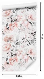 Papier Peint ROSES Feuilles Aquarelle Beige - Gris - Rose foncé - Blanc - Papier - Textile - 53 x 1000 x 1000 cm