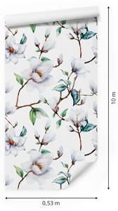 Papier Peint Brindilles FLEURS Magnolia Marron - Vert - Blanc - Papier - Textile - 53 x 1000 x 1000 cm