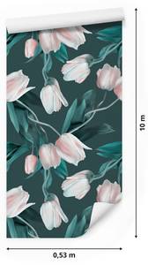 Papier Peint TULIPES Fleurs Feuilles Gris - Vert - Rose foncé - Blanc - Papier - Textile - 53 x 1000 x 1000 cm