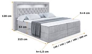 Boxspringbett - NOEL GOLD - LED Hellgrau - Breite: 180 cm - H3